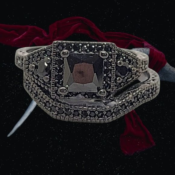 Goth Black Crystal Black Rhodium Wedding Set Size 7 1/2 - Picture 1 of 7